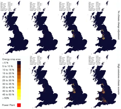 Fig. 5. Simulated future adoption of the energy crops Miscanthus (Misc) and short-rotation coppicing (SRC) in the UK with and withoutclimate change from 2010 to 2050.