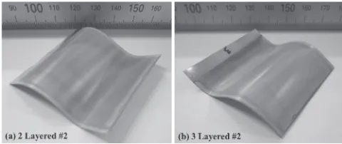 Fig. 10Optical images of the deﬂected samples after sintering with (a)two-layered and (b) three-layered coatings under sintering proﬁle #2.