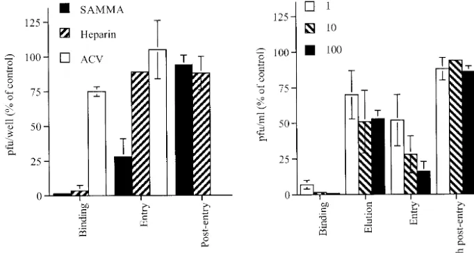 FIG. 8. Effects of SAMMA on binding of recombinant gB-2 to CaSki cells. Cells were exposed to recombinant gB-2 (10�37°C) in the presence or absence of the indicated concentrations of SAMMA or heparin