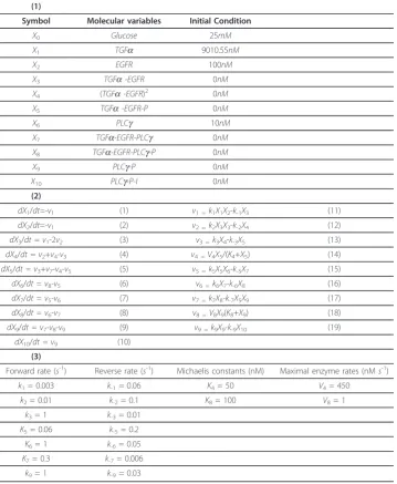 Table 1 [16] - (1) Components of the EGFRequations employed to describe the reactions between theof the gene-protein interaction network, (2) Kinetic EGFR species, (3) Coefficients EGFR gene-protein interaction network taken from the literature