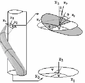 Fig. 1   Schema  of  a strand (r) wound on a cylinder (R): the fixed cartesian and moving coordinate frames