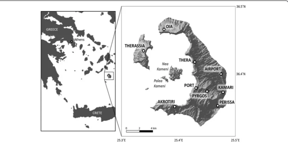 Fig. 1 Map of Santorini caldera, and its location within Greece, the recent volcanic islands of Nea Kameni and Palea Kameni and nine keylocations considered in our assessment of the potential ash and gas impacts from a future eruption at Santorini volcano