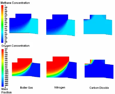Figure 5-17 Methane Concentrations in Coal Face Region at a Penetration Depth of 300m (Inert Gas Injected at 0 Degrees) 