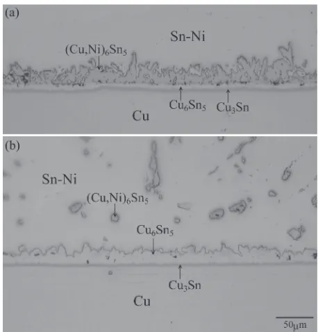 Fig. 1DICOM images of diffusion couple N1 annealed at T = 473 K fort = 144 h (5.18 © 105 s): (a) (Cu,Ni)6Sn5, Cu6Sn5 and Cu3Sn layers; and(b) Cu6Sn5 and Cu3Sn layers.