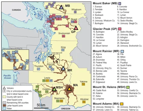 Figure 1 Map showing counties and incorporated cities within lahar-hazard zones associated with five active volcanoes in Washington.