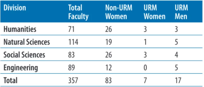 Table 1. AS&amp;E faculty demographics 2015–16 Division Total  Faculty Non-URM Women URM  Women URM  Men Humanities 71 26 3 3 Natural Sciences 114 19 1 5 Social Sciences 83 26 3 4 Engineering 89 12 0 5 Total 357 83 7 17