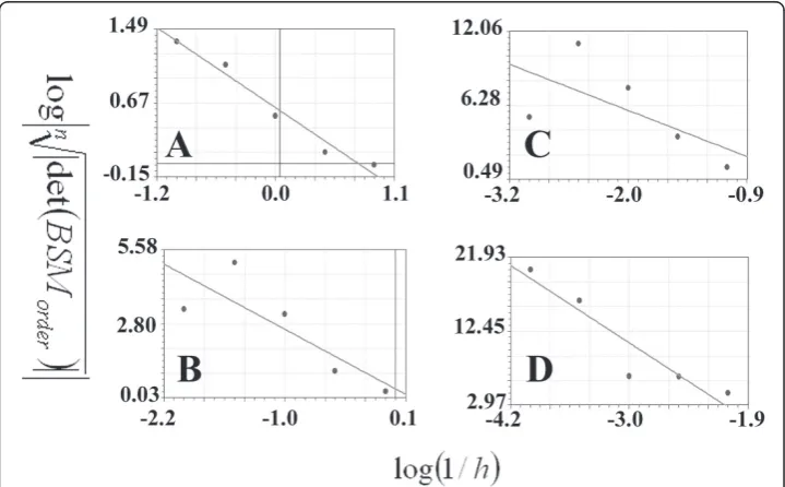 Figure 5 Calculations of the scale-invariant power law coefficient of the Koch curve using theCSSM method