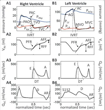 Figure 2 Model Waveforms for Right and Left Ventricles in Control Case. Model-generated pressure,volume and flow waveforms for the normal patient (control case)