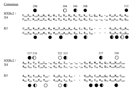 FIG. 3. V3 loop sequence comparison between CXCR4- and CCR5-using viruses. The consensus sequences of the V3 loops from X4 and R5strains are compared, with the upper row in the CXCR4 consensus corresponding to the sequence of HXBc2 gp120