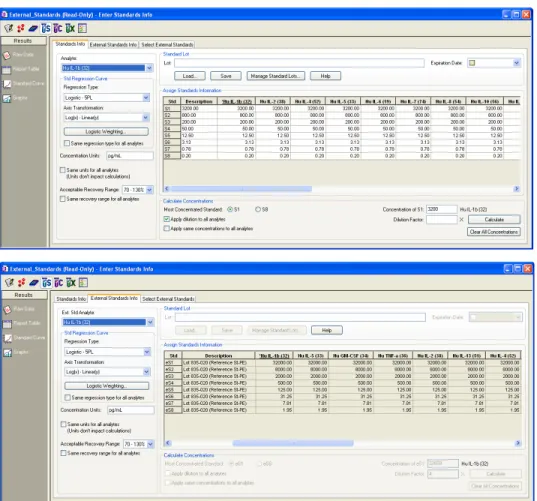 Figure 79. Standards Info window (top) and External Standards Info window  (bottom) 