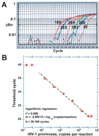 FIG. 3. The ﬁrst regression, for provirus content of IS dilutions. An HIV-speciﬁc standard curve was generated using serial dilutions of genomicDNA from accurately counted ACH-2 cells