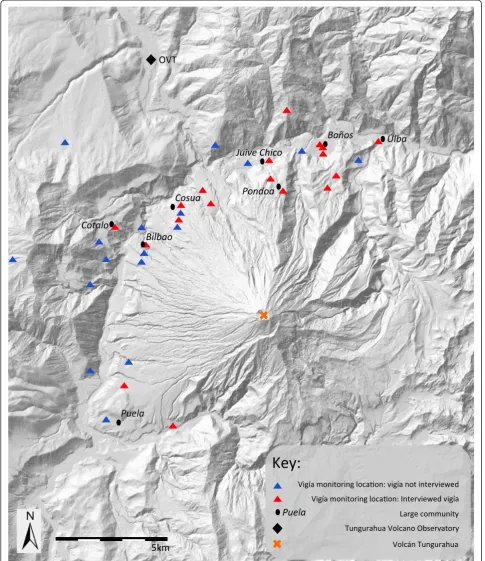 Figure 1 Map of the vigías locations. Map showing the locations of vigías relative to the volcano, population centres and the volcano observatory.