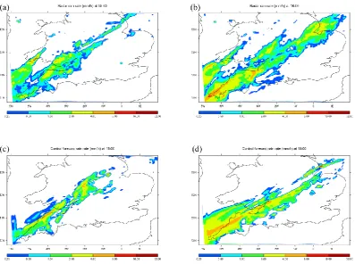 Fig. 5. Observed and model rain rate (mm h−1). Left column: 15:00 UTC (T +3), right column: 18:00 UTC (T +6) 20 September 2011