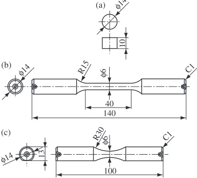 Fig. 1Conﬁgurations of specimens (mm): (a) button specimen; (b) tensilespecimen (JIS Z 2241, No