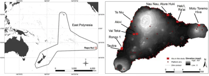 Fig. 1. Rapa Nui and East Polynesia. East Polynesia (left), and Rapa Nui showing the locations of all documented platform ahu as well as those analyzed in this  study (right)