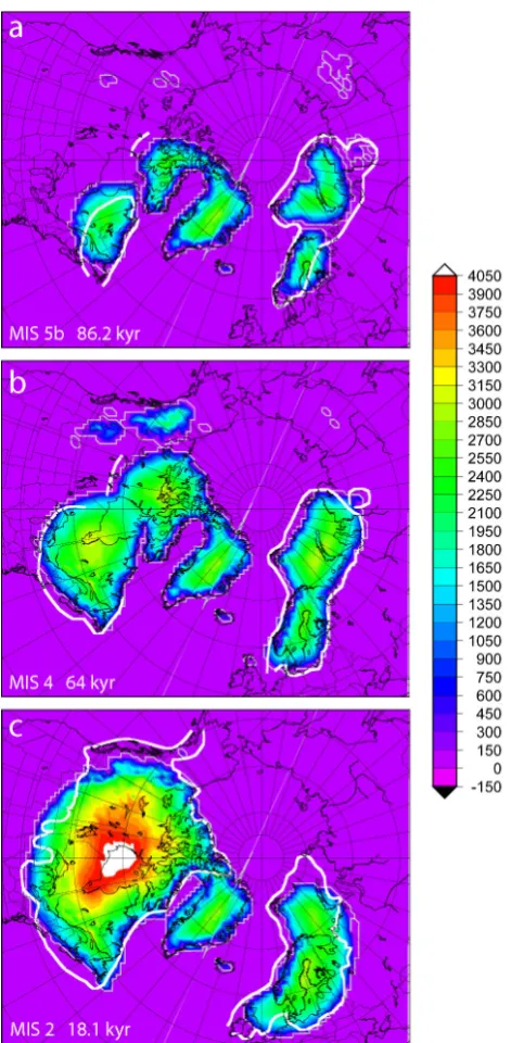 Fig. 5. Modeled ice sheet thickness for MIS 5bMIS 2 (a), MIS 4 (b) and (c). Geological and geomorphological constraints from Fig