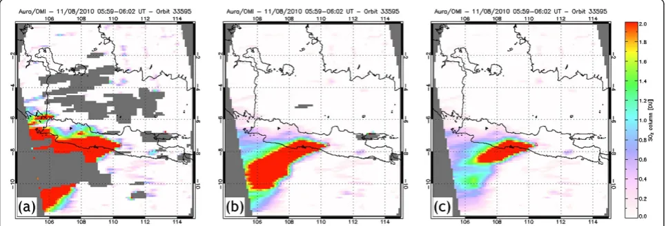 Figure 6 Plots of SO2 VCD over Java, Indonesia on November 8, 2010 generated by OMIplot