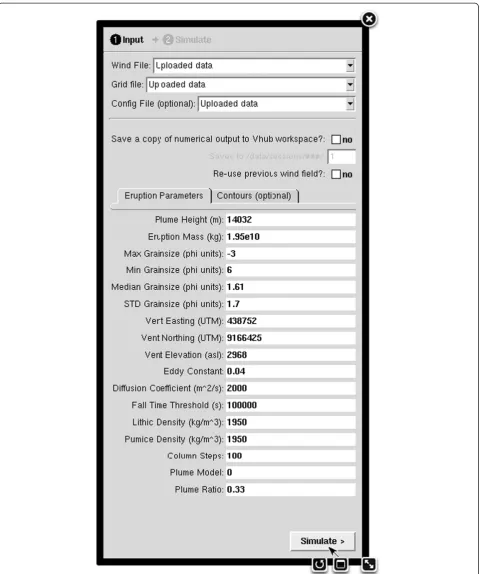 Figure 2 Graphical user Interface (GUI) for Tephra2. Values shown are used to calculate the Merapi example outlined in the Appendix.The wind file and grid file must be uploaded from the user’s computer