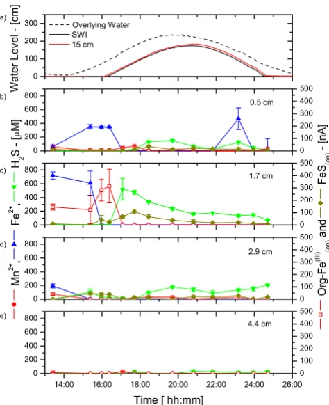 Figure 7at the creek bank site in June 2003four fixed depths and as a function of time during a tidal cycle Water levels changes (from low tide levels) and porewater Mn, Fe, ΣH2S, org-Fe(aq), and FeS(aq) measured in situ at Water levels changes (from low tide levels) and porewater Mn2+, Fe2+, ΣHS, org-Fe(III), and FeSmeasured in situ at 