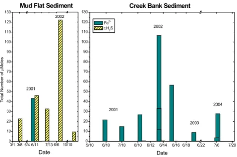 Figure 3yearswaters at the creek bank and mud flat sites over the last four Depth-integrated Fe2+ and ΣH2S mole content of the pore-Depth-integrated Fe2+ and ΣH2S mole content of the pore-waters at the creek bank and mud flat sites over the last four years