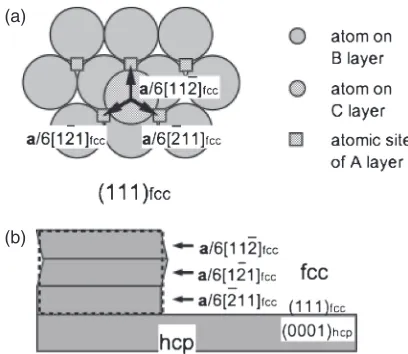 Fig. 3Description of transformation disconnection in fcc¼hcp trans-formation; (a) three equivalent shears associated with Shockley partial on(111)fcc plane, (b) alternative operation of the three partials resulting inmutual cancellation of transformation shear strain.