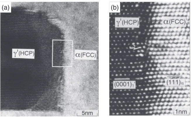 Fig. 4High-resolution transmission electron micrographs showing interphase boundary structures between £AA and fcc matrix in an Al­15 mass% Ag alloy:14) (a) a macroscopic view of the edge of £AA plate, (b) an enlargement of the edge revealing that there is noaccumulation of shear strain.