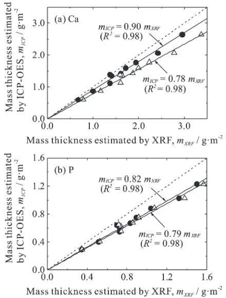 Fig. 2Comparison of the atomic ratio of Ca to P ([Ca]/[P] ratio) in the CP-precipitate layer determined by ICP-OES, XRF with the thin-ﬁlm FPmethod (TF-FP-XRF), and with the general FP method (FP-XRF).
