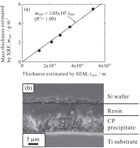 Fig. 4(a) Mass thickness of the CP-precipitate layer determined by XRFwith the thin-ﬁlm FP method as a function of the thickness estimated fromcross-sectional SEM images