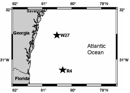 FIG. 1. Sampling sites. Cores were collected from W27 site in July 2002.W27 is along the Wassaw transect and has a depth of 27 m