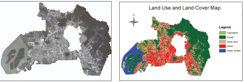 Figure 2.4: Satellite image of an area of interest (left) and the corresponding land use/land covermap