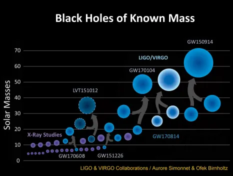 Figure 1.1: The black holes of known mass, arranged by ascending mass. The size of the circleindicates visually the value of the mass that is displayed on thehole masses inferred from x-ray studies, the dashed blue circle is a trigger in the LIGO detector 