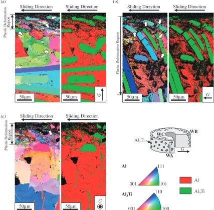 Fig. 7IPF maps [left] and phase maps [right] showing cross-sectional microstructures near the worn surfaces of the (a) WA, (b) WB and(c) WC samples