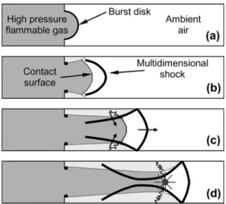 Figure 9 schematically describes the initial shock formation, turbu- turbu-lent mixing at the contact surface formed as a result of disk fracture, and the initial shock reflection at the cylindrical side walls downstream of the disk rupture location, resul