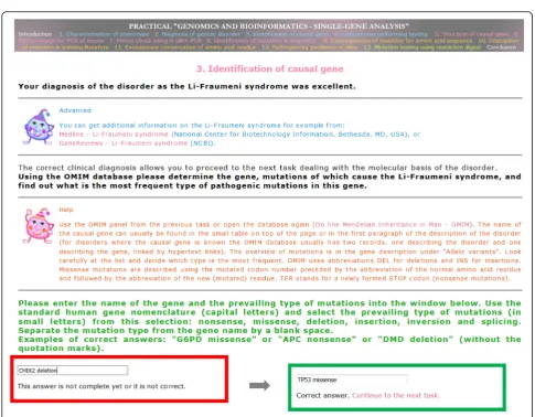 Fig. 2 Example page of one task (identification of the causal gene and the prevailing type of mutations) from the teaching application