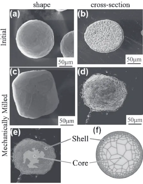 Fig. 2SEM micrographs (a)­(e) of copper powder before (a), (b) and after(c)­(e) mechanical milling
