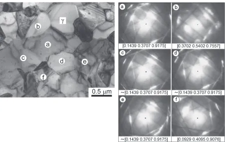Fig. 7TEM micrograph of a mid-shell region. Kikuchi patterns and the incident beam directions are also indicated.