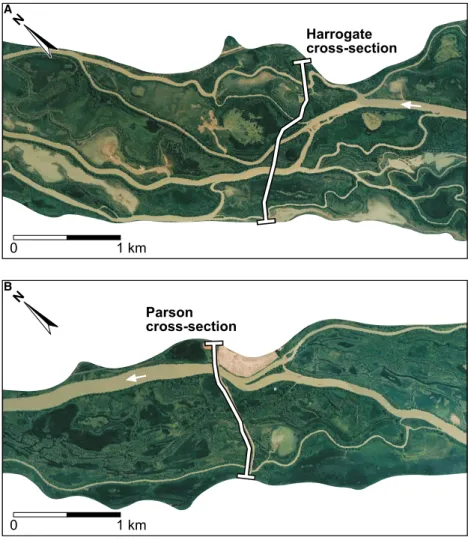 Fig. 3. The anastomosing river floodplain around the Harrogate (A) and Parson (B) cross-sections (panels A and B do not link up, but are ca 13 km apart)