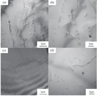 Fig. 7Typical TEM images of the dislocation structure: (a) low magniﬁcation after 1.0 © 105 cycles; (b) high magniﬁcation after1.0 © 105 cycles; (c) low magniﬁcation after the application of electric current; (d) high magniﬁcation after the application of electriccurrent.