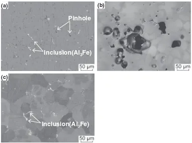 Fig. 9Backscattered electron images of the developed alloy casting surfaces after various surface treatments: (a) Bufﬁng, (b) Chemicalpolishing, (c) Electropolishing.