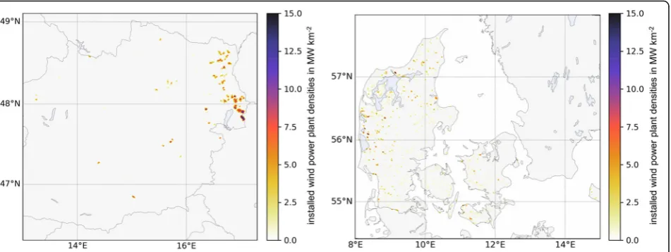 Fig. 3 Installed WPP densities in AT (left) and DK (right) shown in MW km−2. (There are no WPP installed in the west of Austria; therefore, it isomitted in the map)