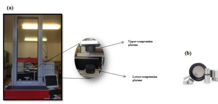 Figure 2.8, (a) Testometric™ material testing machine equipped with, (b) Specac® 13.00 mm evacuable die set 