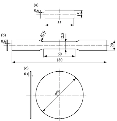 Fig. 1Conﬁgurations of specimens (mm) for: (a) hardness measurementand bend test, etc