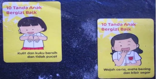 Figure 1.  Wall posters in a classroom - Ten signs of Good Child nutrition: clean, not pale, skin and nails, bright face,  clear eyes, and moist lips 