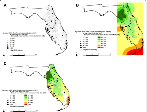 Fig. 3 Modeled (3PG) volume yield estimates for Eucalyptus grandis in each ZCTA in south Florida (a); predictive map resulting from applying a sphericalsemi-variogram (nugget 2.35, sill 10.071, range 6.24 km) with five neighboring points and a smoothing factor of 0.5 (b); output map after clipping thekriged map to the range map (c)