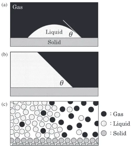 Fig. 1Schematic diagrams of shape at gas­liquid interface in contact witha solid surface