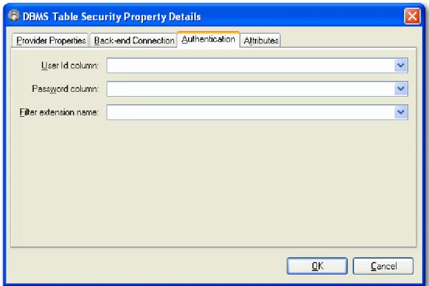 Figure 21: DBMS Table Security Property dialog Authentication tab  Field Descriptions 