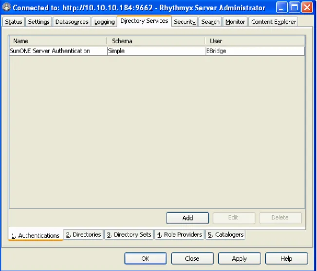 Figure 26: Authentications Tab  Use this tab to access dialogs to add, edit, or delete Authentications