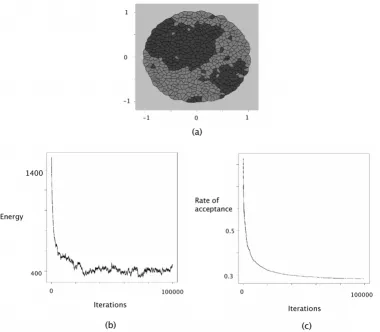 Figure 3Cell Sorting simulationCell Sorting simulation. The interaction intensities were chosen as follows: J(τ1, τ1) = 0, J(τ2, τ2) = 0, J(τ1, τ2) = 1, J(τ1, τE) = 0, J(τ, τ) = 0 and J(τ, τ) = 0