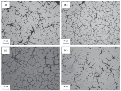 Fig. 3The semi-solid microstructure of the 7075 Al alloy when the molten alloy ﬂows through one curved graphite channel withoutpreheated (a), (b) and with preheated 300°C (c), (d)