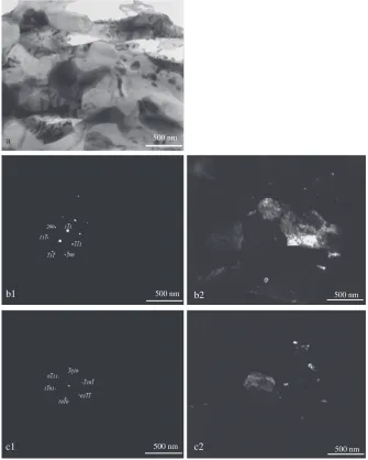 Fig. 5TEM bright ﬁeld image of the bulk part (a), diffraction pattern from B = [011] and the dark ﬁeld image of ð101�Þ reﬂection of the¡AFC phase (b) and diffraction pattern from B = ½12�13�� and the dark ﬁeld image of ð0110�Þ reﬂection of the ¾AT phase (c) of the tensiledeformed 5 A-EPT ZA22 alloy specimen.